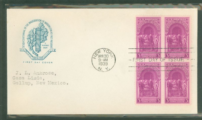US 854 1939 3c 150th Anniv. of Washington's inauguration block of four on a FDC with a typed address and a House of Farn...