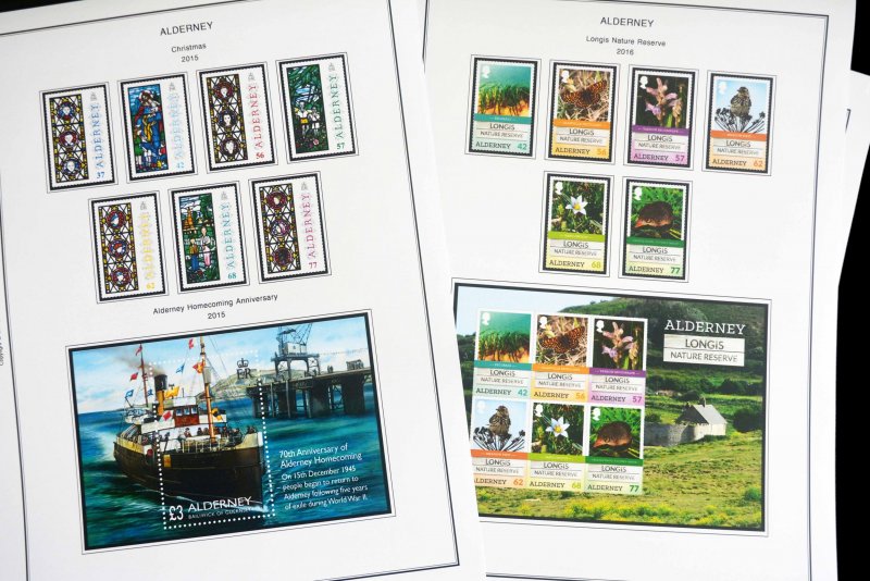 COLOR PRINTED ALDERNEY 1983-2018 STAMP ALBUM PAGES (80 illustrated pages)