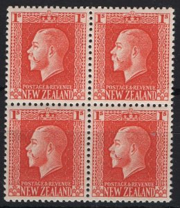 New Zealand 1915 1s orange-brown p14x14½ sg430cc fine unmounted mint block of