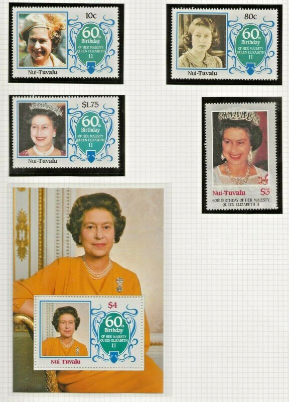 NUI-TUVALU 1986 60TH BIRTHDAY QUEEN ELIZABETH II, SET + SOUVENIR SHEET PERF 