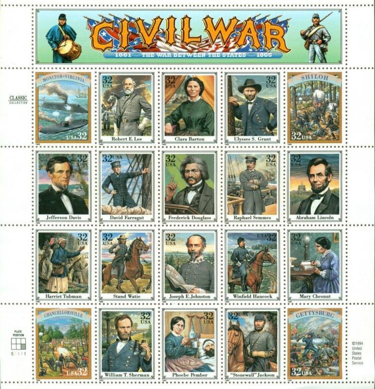 US: 1995 CIVIL WAR: Complete Sheet Sc 2975; 32 Cents Values Lee Grant Lincoln