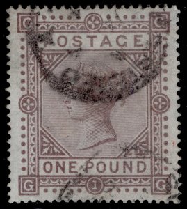 GB QV SG132, SCARCE £1 brown-lilac WMK ANCHOR BLUED PAPER, USED. Cat £7000. GG