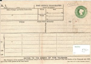 GB QV Stationery TELEGRAPH FORM 1/- Unused 1881 TP8a Huggins {samwells} 41.2