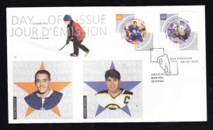 Canada-Sc#1971a-b-stamps on FDC-Hockey-NHL All Stars-Frank Mahovlich-Raymond Bou