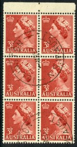 AUSTRALIA 1956-57 3 1/d QE2 Booklet Pane of 6 w TOP SELVAGE Stitched Sc 292 VFU