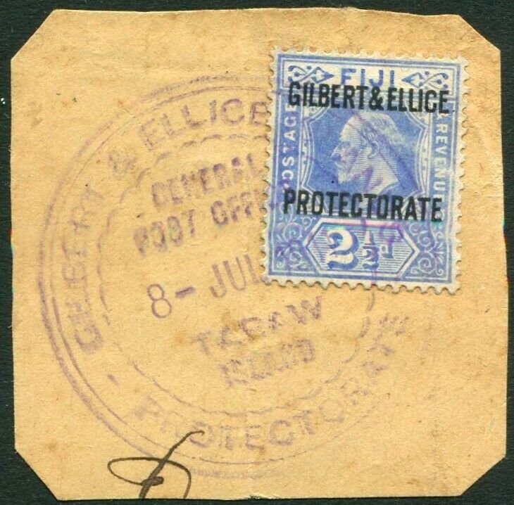 GILBERT & ELLICE ISLANDS-1911 2½d Ultramarine Fine Used on piece Sg 4 V34667