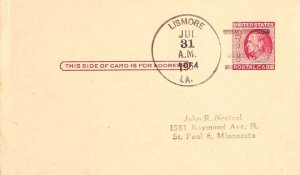United States Louisiana Lismore 1954 4f-bar  1913-1954  Postal Card  Small cr...