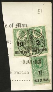 Isle of Man KGVI 10/- 2/- and 1/- Key Plate Type Revenues CDS on Piece