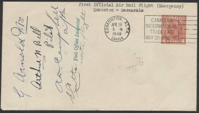 1949 Apr 28-29 Set of 4 Edmonton-Wabasca-Desmarais Alberta Emergency Flights