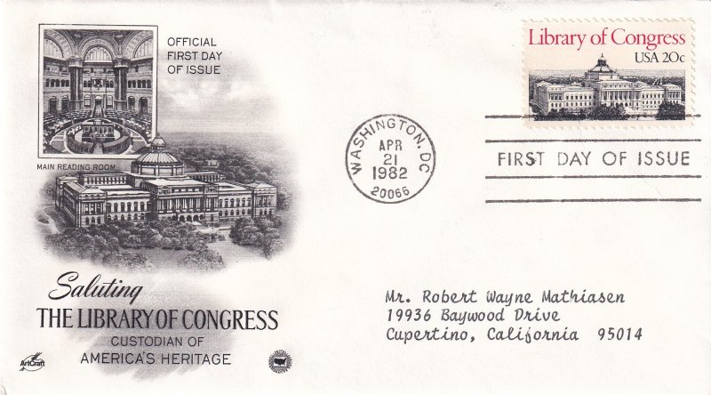 1982, Saluting Library of Congress, Art Craft/PCS, FDC (E12238)