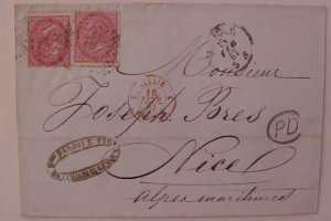 ITALY 1867,2 X 40 CENTS GENOVA TO NICE RED MENTON,MAY BE #31B CAT $ 487.50
