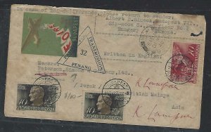 MALAYA PERAK (PP3009B)  1940 INCOMING CENSORED COVER FROM HUNGARY+ LABEL 