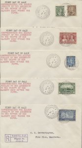 1935 #211-216 Geo V Silver Jubilee Set of 5 FDCs Typed Cachet Winnipeg Orbs