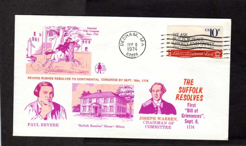 MA Paul Revere Ride Joseph Warren Dedham Massachusetts Stamp Cover 1974