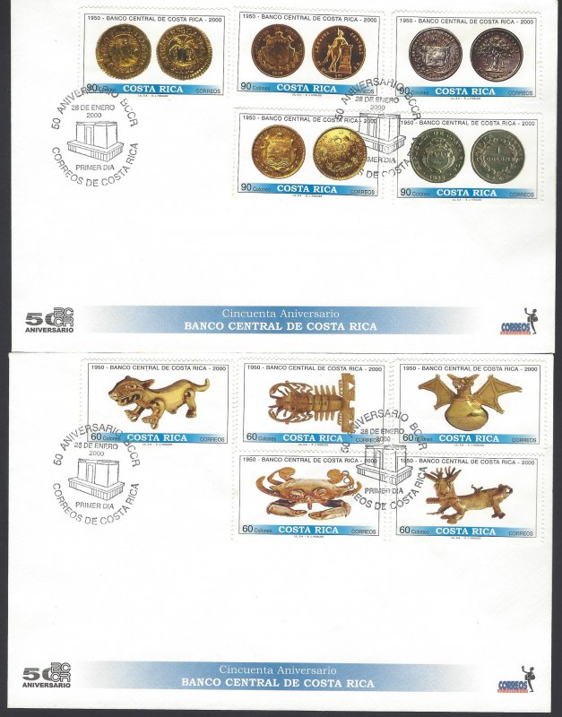Cost Rica Natl Bank 50th Anniv,Pre-Columbian Art,Coins, Sc 534-535 FDC 2000