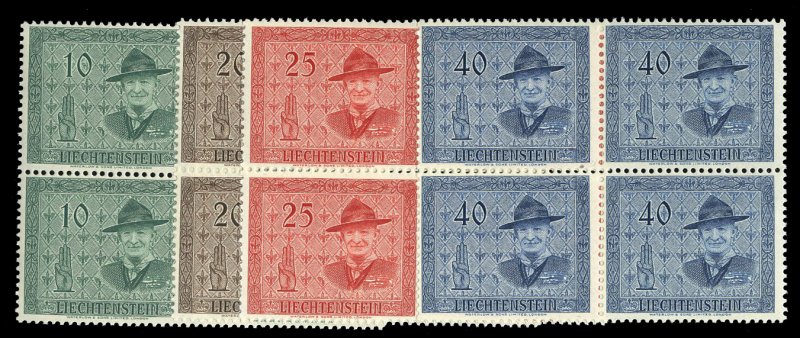 Liechtenstein #270-273 Cat$150+, 1953 Boy Scouts, set of four in blocks of fo...