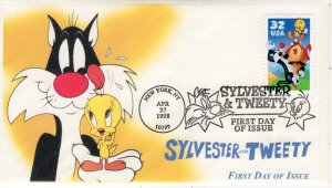 AO-3204–4, 1998, Sylvester & Tweety, First Day Cover, Add-on Cachet, Looney Tune