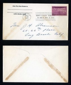 # 858 First Day Cover addressed,  no cachet Bismarck, ND - 11-2-1939 - # 3