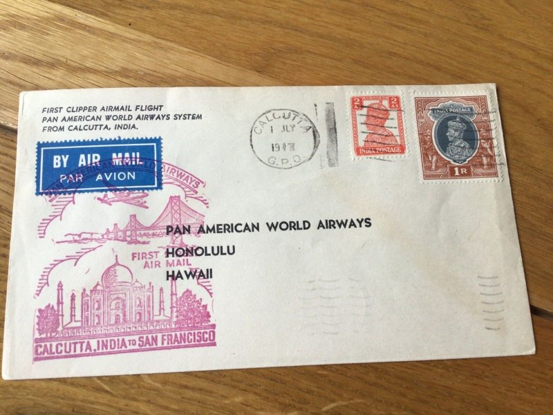 Pan American World Airways Calcutta to Hawaii 1947 stamps cover Ref 57001
