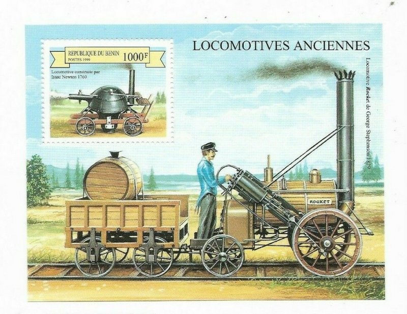 BENIN YEAR 1999 OLD TRAINS LOCOMOTIVES 6 VALUES + SOUVENIR SHEET RAILWAYS MNH