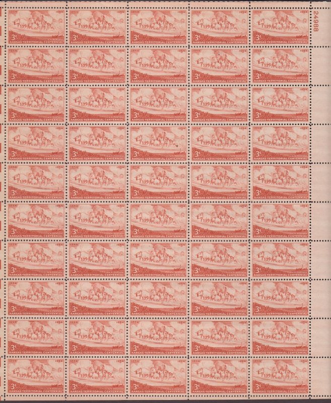 US, 1061, KANSAS, FULL SHEET OF 50, MINT NH, 1950'S COLLECTION