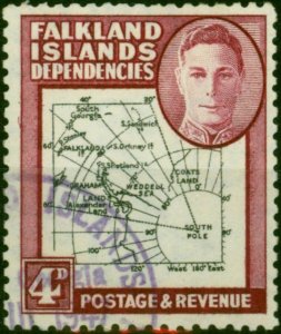 Falkland Island Dep 1946 4d Black & Claret SGG5a 'Gap in 80th Parallel' V.F.U...