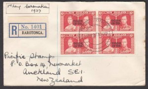 COOK IS 1937 Coronation 6d blk of 4 on registered FDC ex Rarotonga.........N168