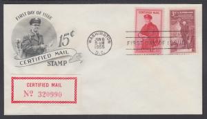 US Sc FA1 FDC. 1955 15c Certified Mail, ArtCraft Cachet, F-VF