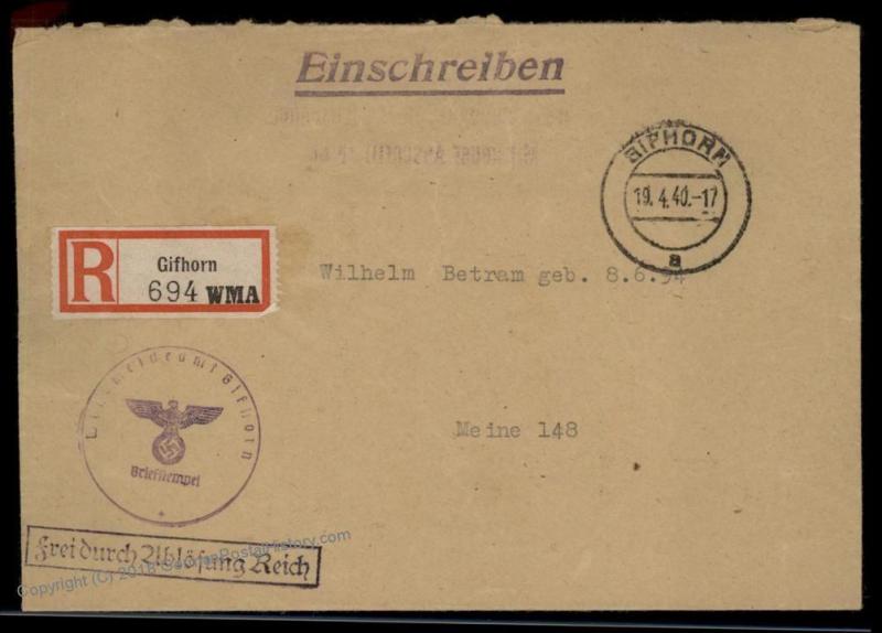 3rd Reich Kriegsmarine Navy WMA Gifhorn Registered Feldpost Cover 59722