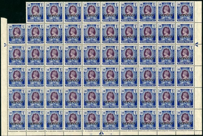 HERRICKSTAMP BURMA Sc.# O24 1938 KG VI Wholesale Block of 59 (Folded)