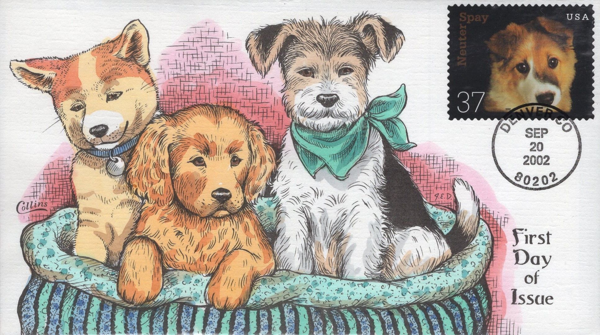 Fred Collins Hand Painted FDC for the 2002 37-cent Neuter and Spay ...