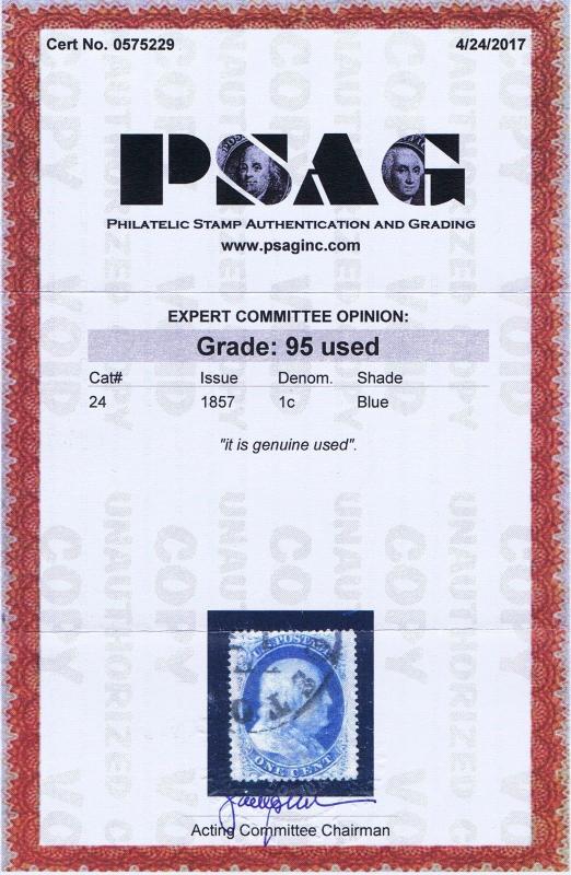 SC# 24 USED 1c FRANKLIN, 1857, PARTIAL TOWN CANCEL, PSAG CERT, GRADED 95.  