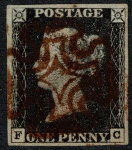 GB 1d black FC Plate 1b, Cancelled by BROWNISH Maltese cross.