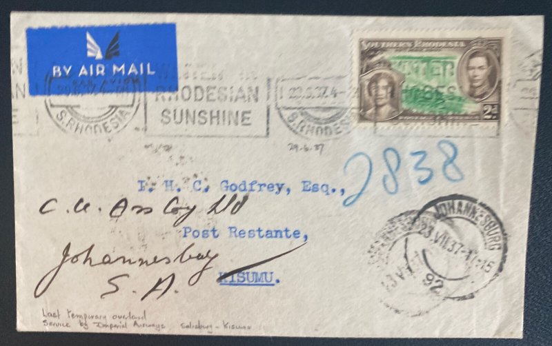 1937 Salisbury Southern Rhodesia First Flight Cover To Johannesburg South Africa