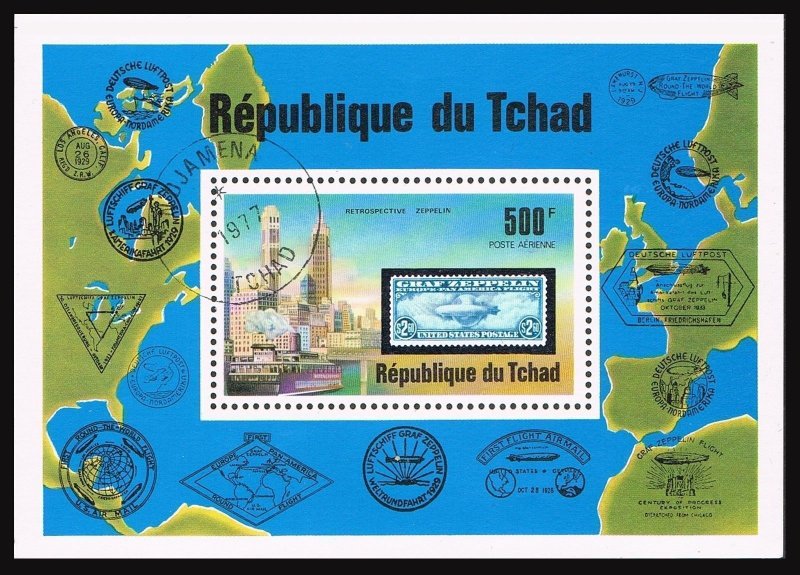 Chad C210, CTO. Michel 780 Bl.68. Zeppelin 1977, Stamp on stamp, Map.