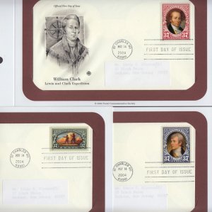 2004 Lewis & Clark expedition Sc 3854 to 3856 FDCs with PCS cachet info pages