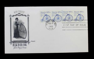 US #1901 FDC Coil Plate Line Strip of 4 PLC # 4 Bicycle 1982 Artmaster