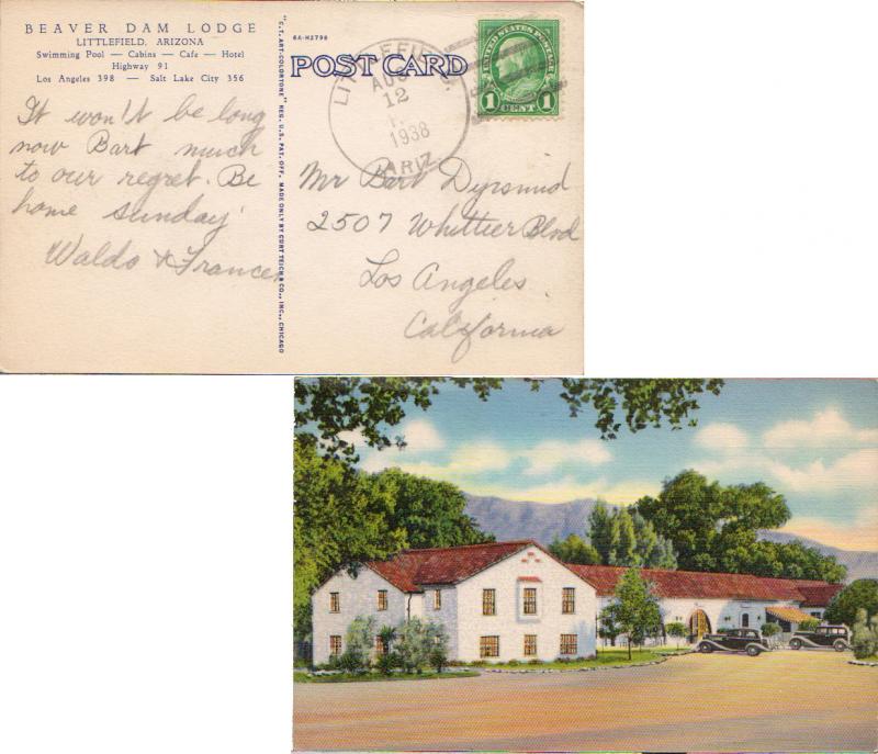 United States Arizona Littlefield 1938 4c-bar  PPC (Beaver Dam Lodge).