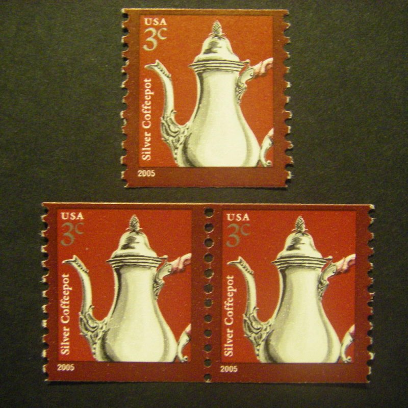 Scott 3759, 3c Silver Coffeepot, Pair & Single, MNH Coil Beauties