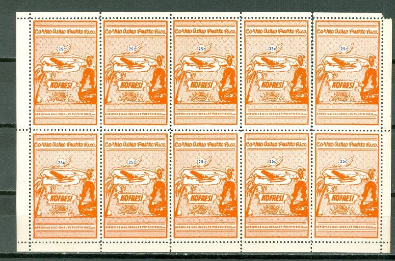 PORTO RICO 1938  SEMI-OFFICIALS SANABRIA #S4...SHEET of 10...MNH