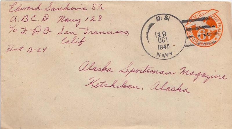 United States Fleet Post Office 6c Monoplane Air Envelope 1945 U.S. Navy Navy...