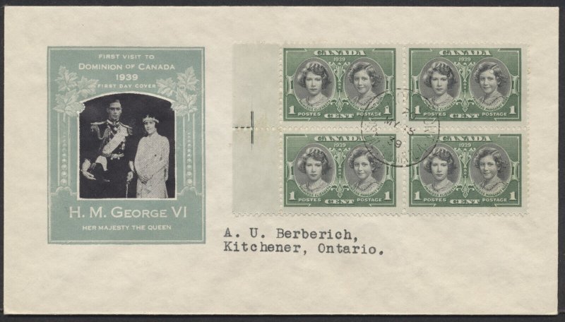 1939 #246 1c Royal Visit FDC Block Grey-Green Ioor Cachet Toronto Terminal A CDS