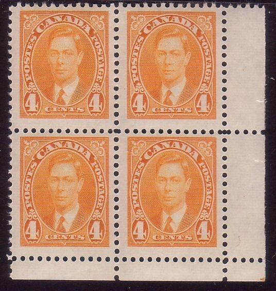 CANADA 1937-38 GVI 4c yellow corner block of 4 MNH.........................43833