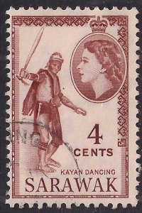 Sarawak 1955 - 59 QE2 4ct Kayan Dancing used SG 190 ( G321 )