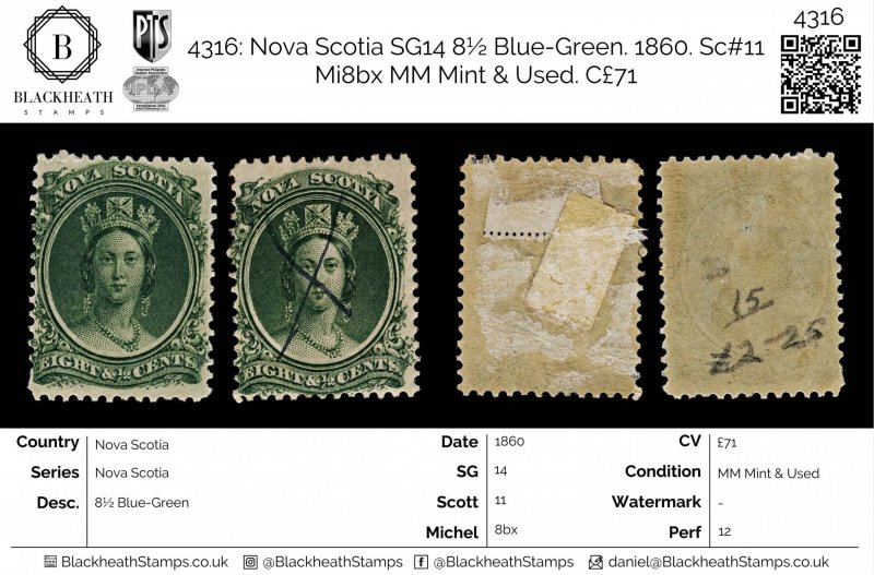 4316: Nova Scotia SG14 8½ Blue-Green. 1860. Sc#11 Mi8bx MM Mint & Used. C£71