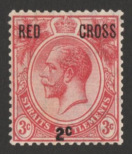 MALAYA STRAITS SETTLEMENTS 1917 'RED CROSS 2c' on KGV 3c variety No Stop. 