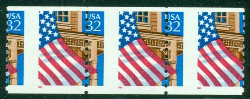 US #2913, 32¢ Flag Over Porch, Huge Perf Error Strip of 3, NH, VF