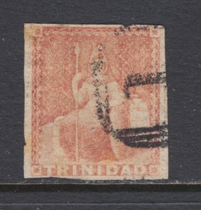 Trinidad Sc 6 used. 1857 1p brown red QV, imperf with 3 margins, sound