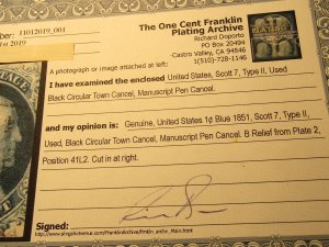 US Stamps,Scott # 7,Used Franklin, B Relief from Platee 2Position 41L2,SCV $150.