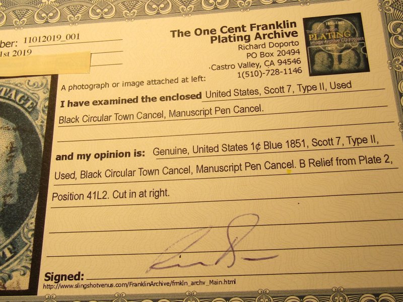 US Stamps,Scott # 7,Used Franklin, B Relief from Platee 2Position 41L2,SCV $150.